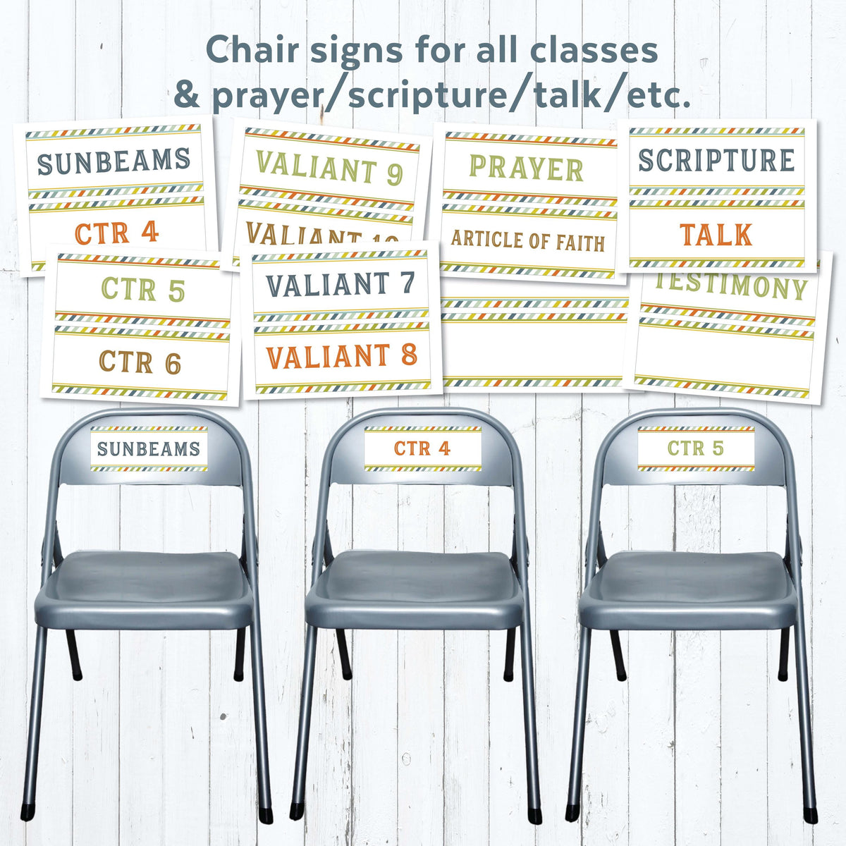 LDS Primary chair signs for 2027 classes with prayer scripture talk testimony Article of Faith labels and Come Follow Me classroom setup