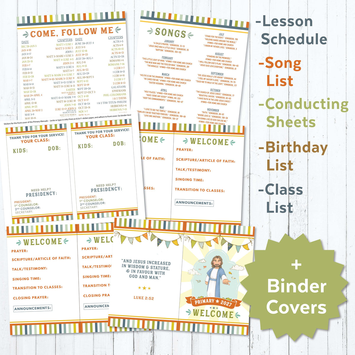 LDS Primary presidency helps for 2027 with Come Follow Me lesson schedule song list conducting sheets birthday list class list and binder covers