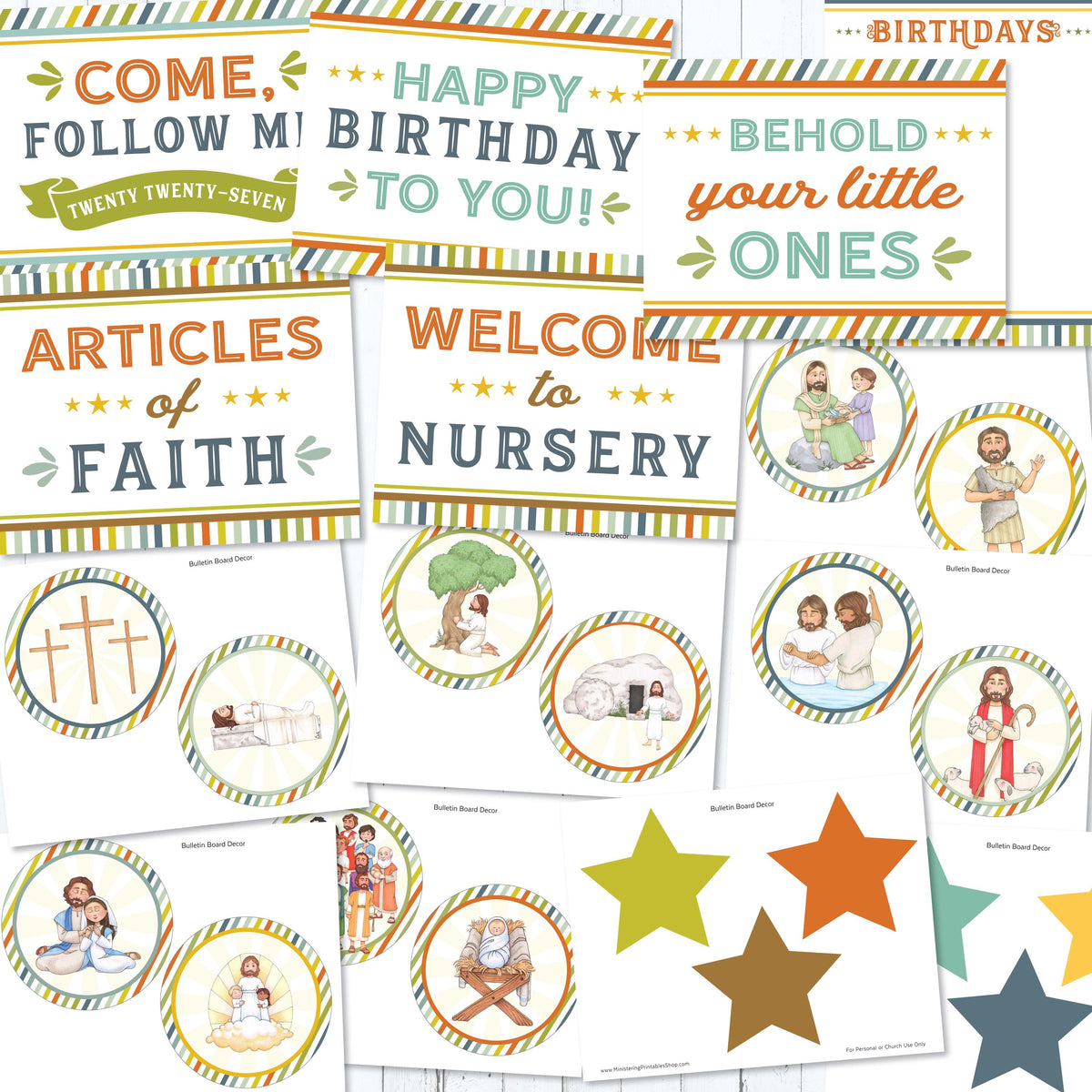 LDS Primary bulletin board decorations for 2027 Come Follow Me New Testament with birthday posters nursery signs Articles of Faith labels and classroom printables