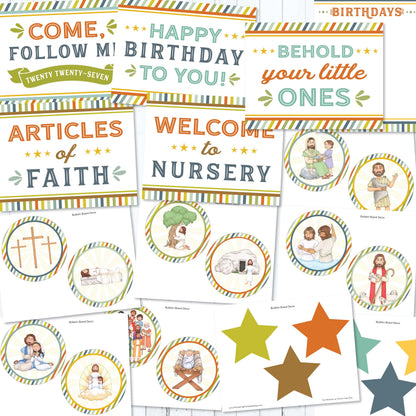 LDS Primary bulletin board decorations for 2027 Come Follow Me New Testament with birthday posters nursery signs Articles of Faith labels and classroom printables
