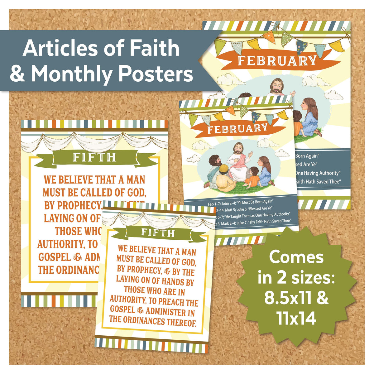 Articles of Faith and monthly posters for 2027 LDS Primary Come Follow Me New Testament kit with printable 8.5x11 and 11x14 classroom decor