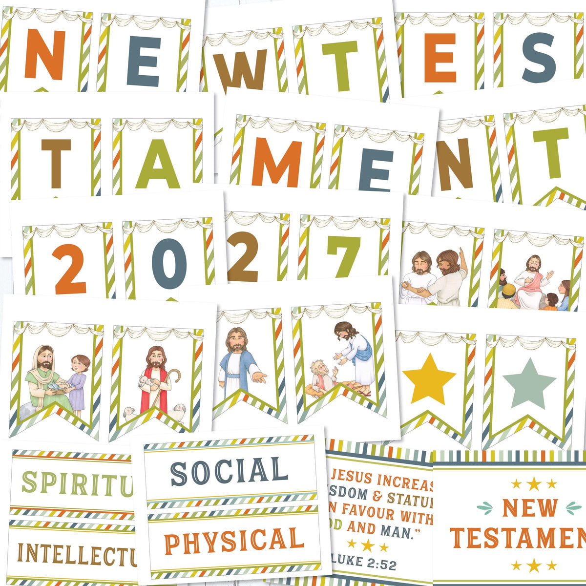 New Testament 2027 banner printable for LDS Primary bulletin board decor with Come Follow Me theme Articles of Faith signs and classroom posters