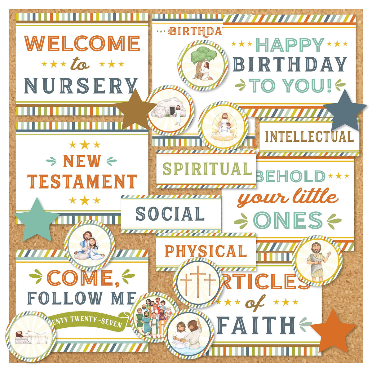 2027 LDS Primary bulletin board printables with welcome nursery birthday social spiritual physical intellectual signs Articles of Faith and New Testament decor