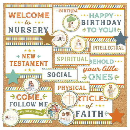 2027 LDS Primary bulletin board printables with welcome nursery birthday social spiritual physical intellectual signs Articles of Faith and New Testament decor
