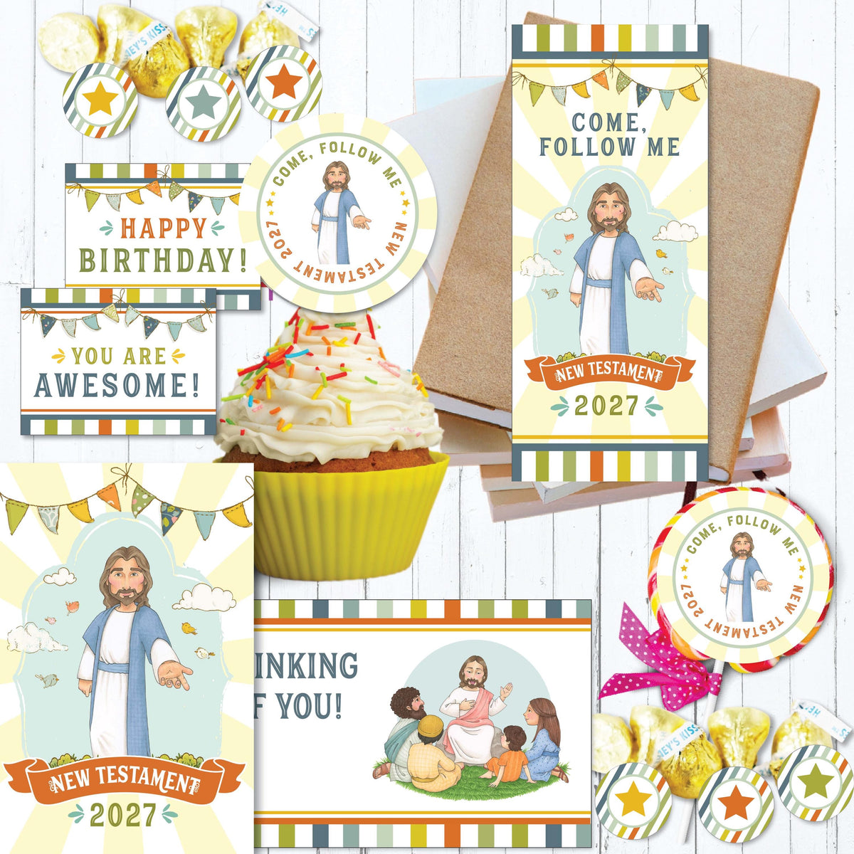 LDS Primary 2027 birthday printables with Come Follow Me bookmarks cupcake toppers gift tags candy wrappers postcards and reward labels