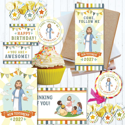 LDS Primary 2027 birthday printables with Come Follow Me bookmarks cupcake toppers gift tags candy wrappers postcards and reward labels