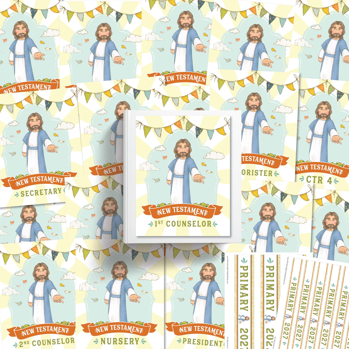 2027 LDS Primary presidency binder covers and spine labels with New Testament Come Follow Me Jesus artwork for leaders and classroom organization