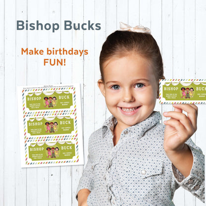 Bishop Bucks printable reward coupons for LDS Primary birthdays classroom prizes and 2027 Come Follow Me Primary presidency gifts