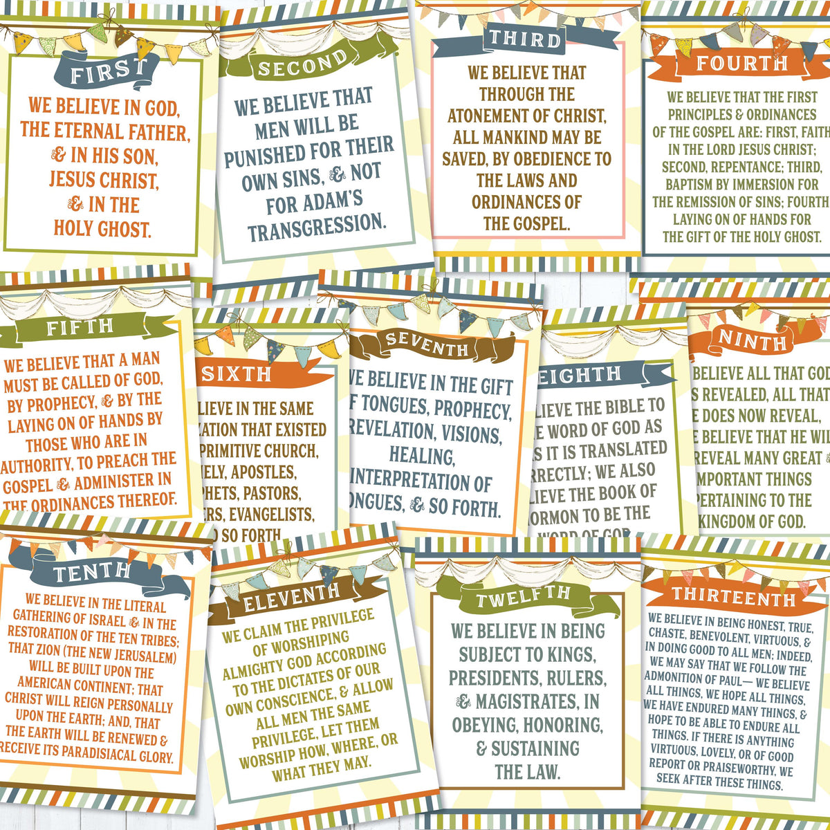 LDS Articles of Faith posters and cards for Primary 2027 with printable faith statements classroom decor Come Follow Me and church bulletin board display