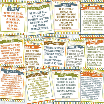 LDS Articles of Faith posters and cards for Primary 2027 with printable faith statements classroom decor Come Follow Me and church bulletin board display