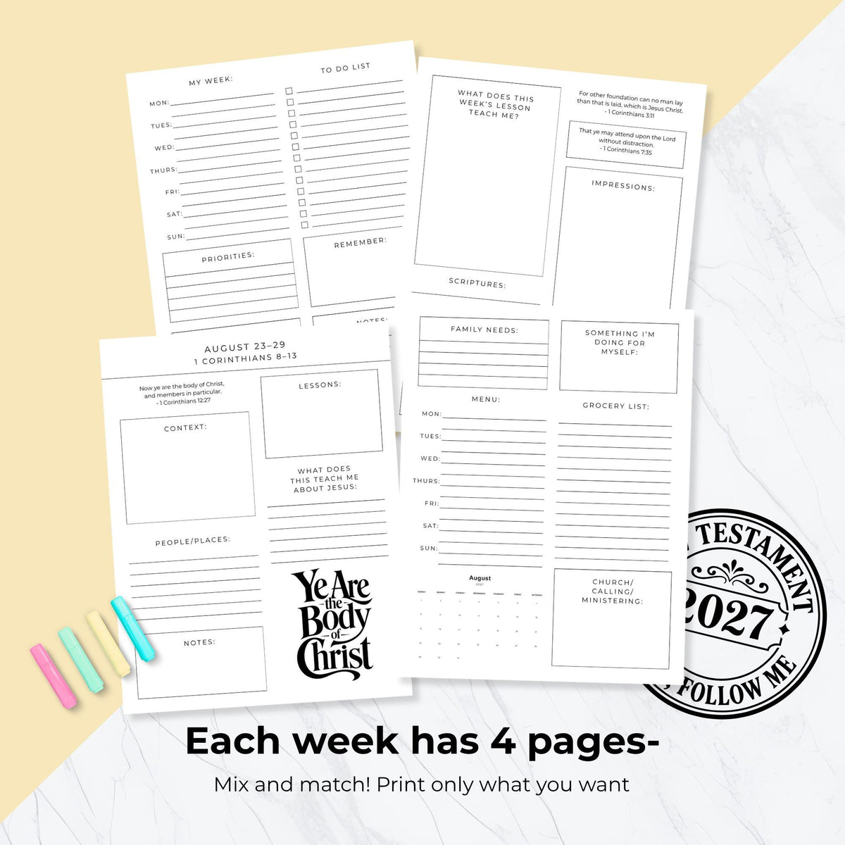 2027 Come Follow Me planner weekly pages with to-do lists and meal planning sections