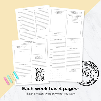 2027 Come Follow Me planner weekly pages with to-do lists and meal planning sections