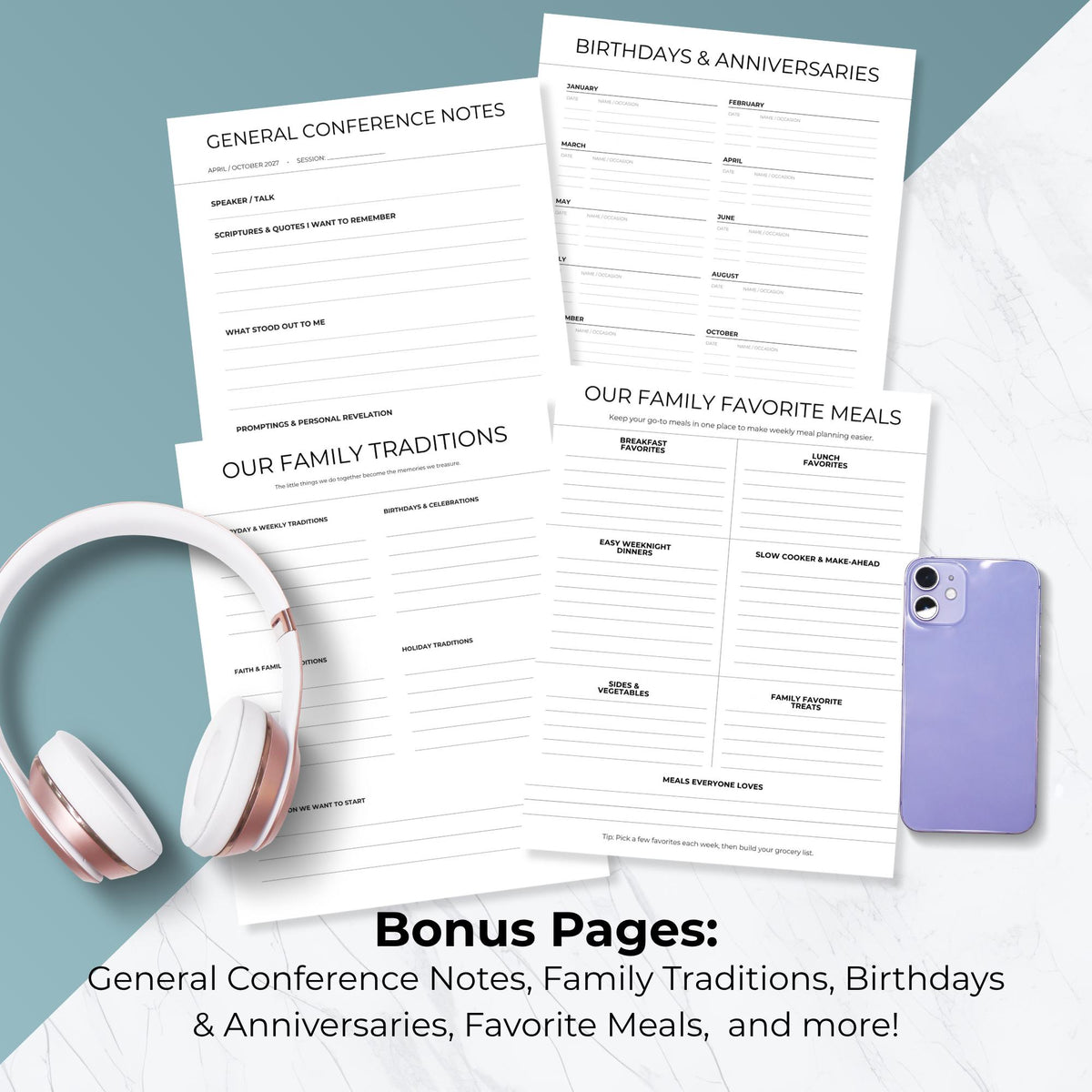 General Conference notes, birthday tracker, family meals and traditions pages in the 2027 planner