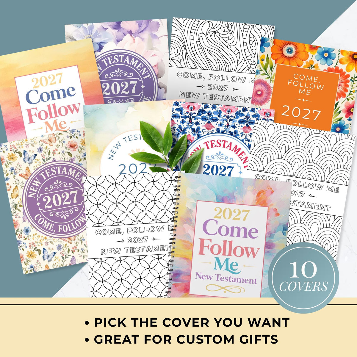 Ten cover options for the 2027 Come Follow Me journal, including watercolor florals and black-and-white coloring designs