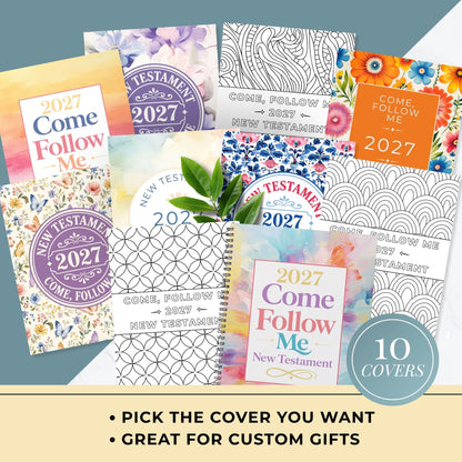 Ten cover options for the 2027 Come Follow Me journal, including watercolor florals and black-and-white coloring designs