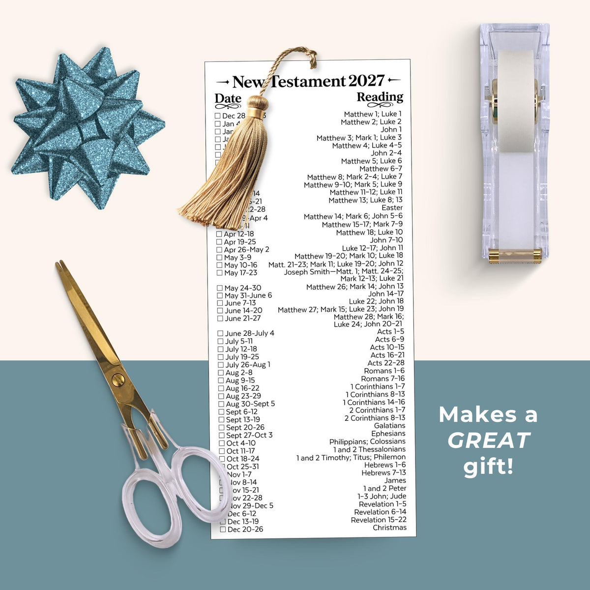 Black-and-white New Testament 2027 reading schedule bookmark displayed with a decorative gold tassel, scissors