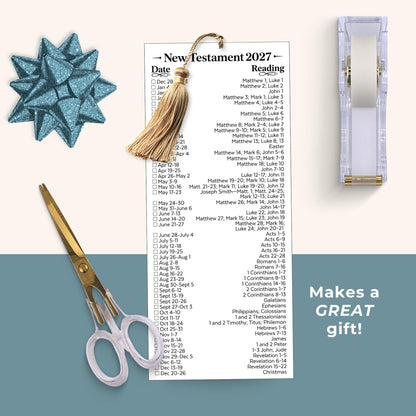 Black-and-white New Testament 2027 reading schedule bookmark displayed with a decorative gold tassel, scissors