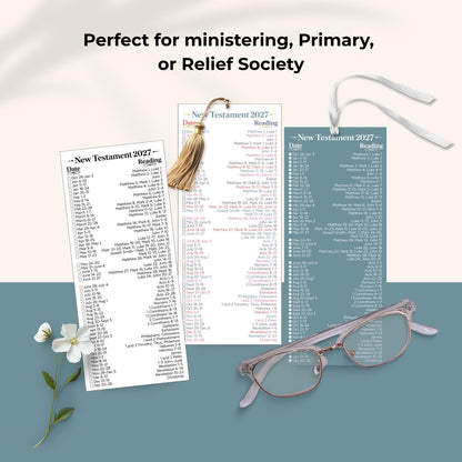 Three printable LDS New Testament 2027 scripture reading bookmark options displayed with flowers and eyeglasses