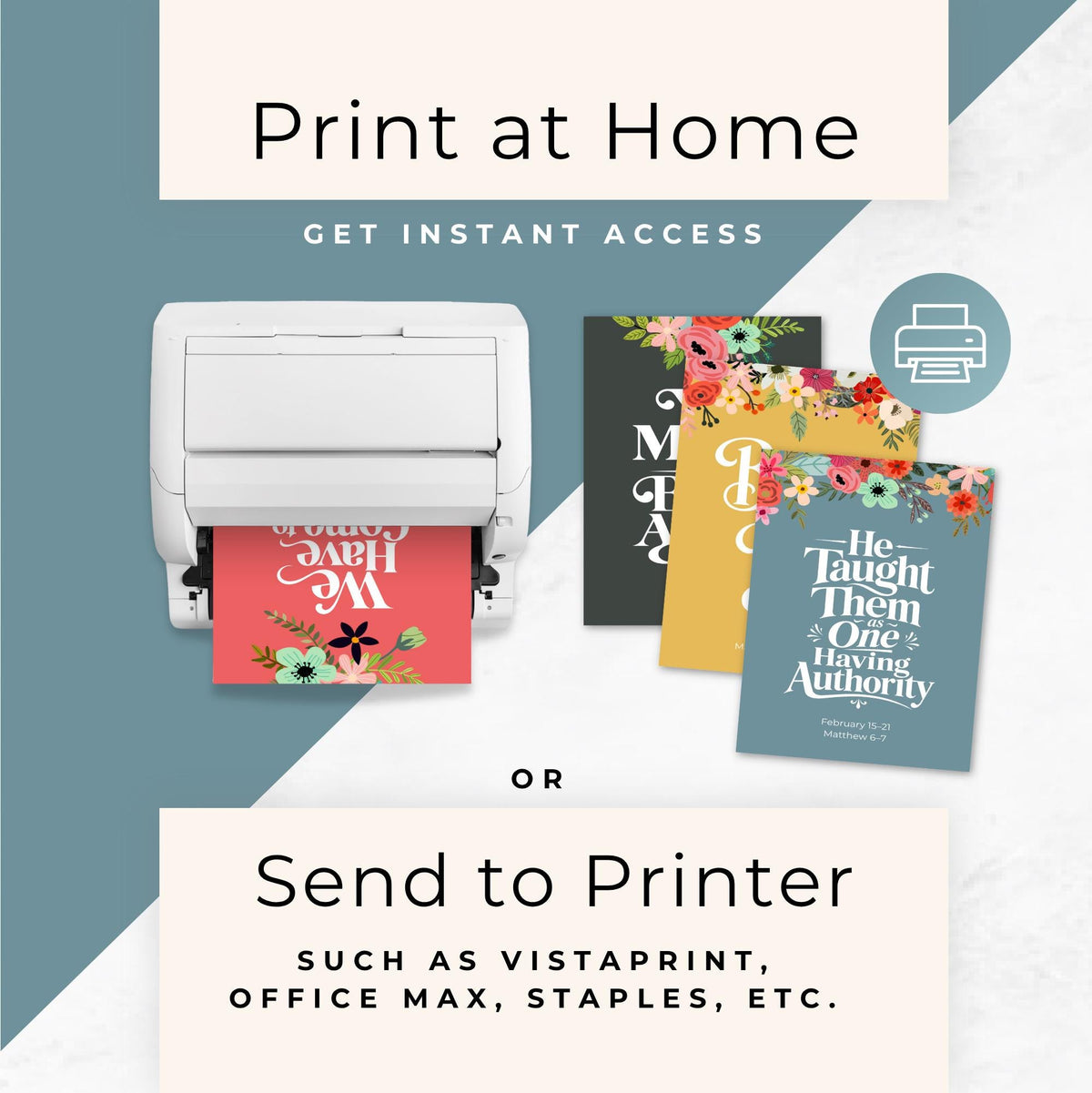 White home printer printing a colorful LDS scripture poster beside instructions