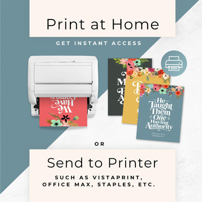 White home printer printing a colorful LDS scripture poster beside instructions