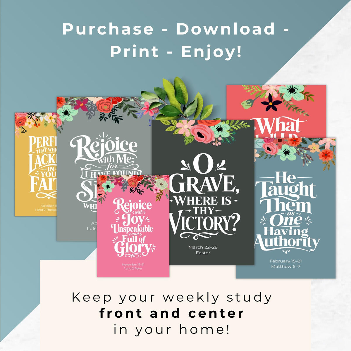 Collage of colorful scripture verse posters with purchase download print and enjoy instructions