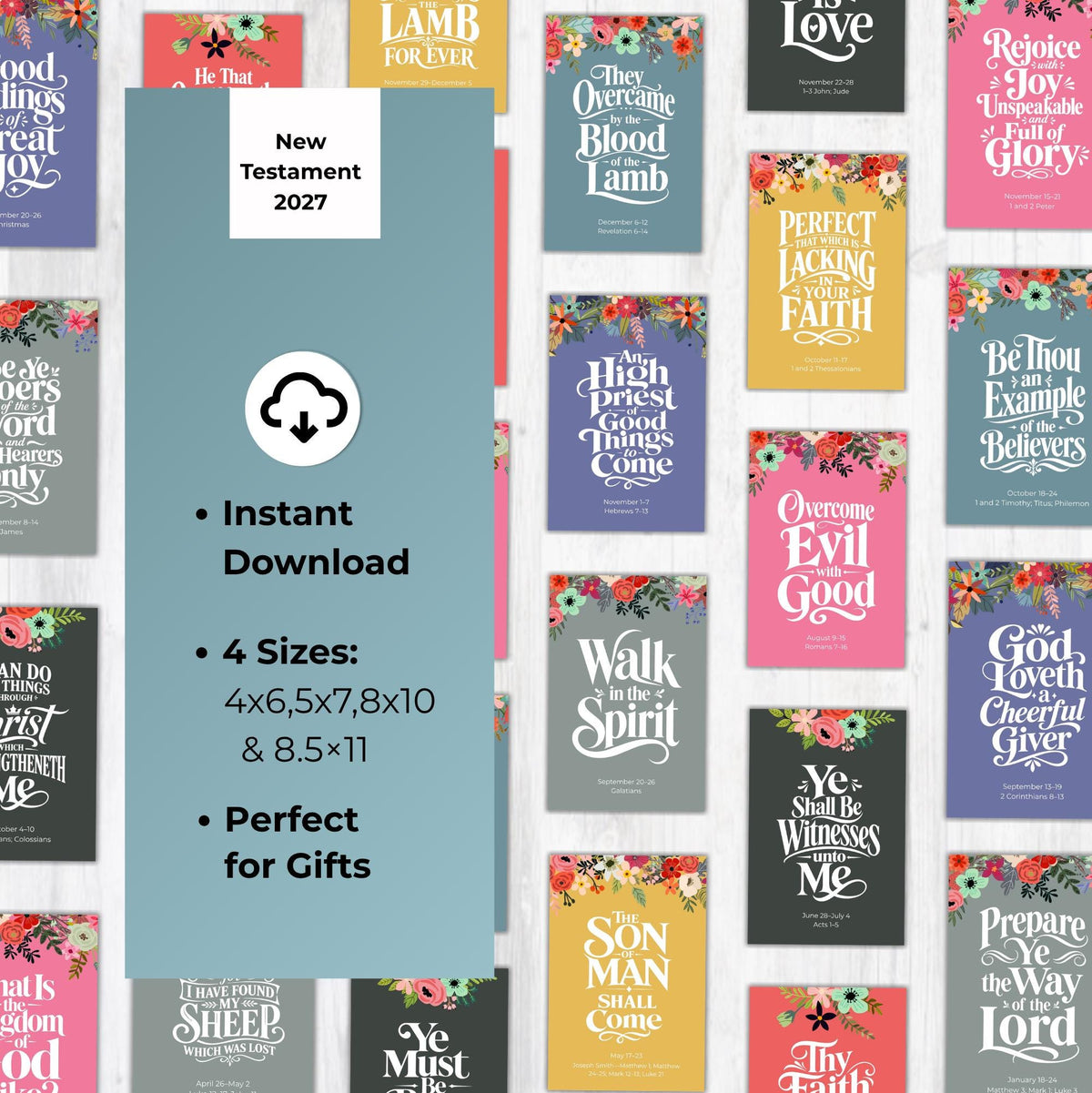 Overview of 2027 Come Follow Me weekly scripture poster collection in colorful floral styles with four printing sizes