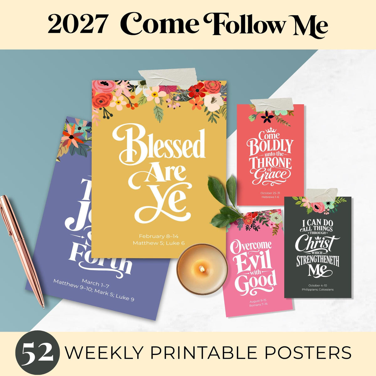 2027 Come Follow Me weekly New Testament scripture posters shown as a colorful collage of floral quote art