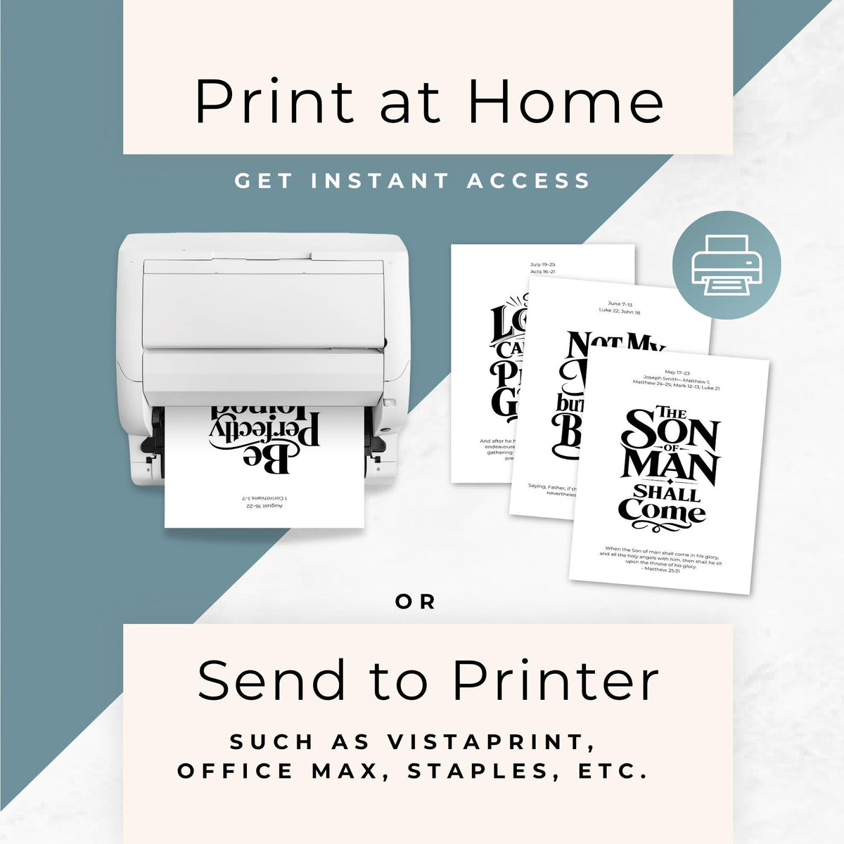 Home printer mockup illustrating how the digital New Testament Bible verse poster files can be printed at home