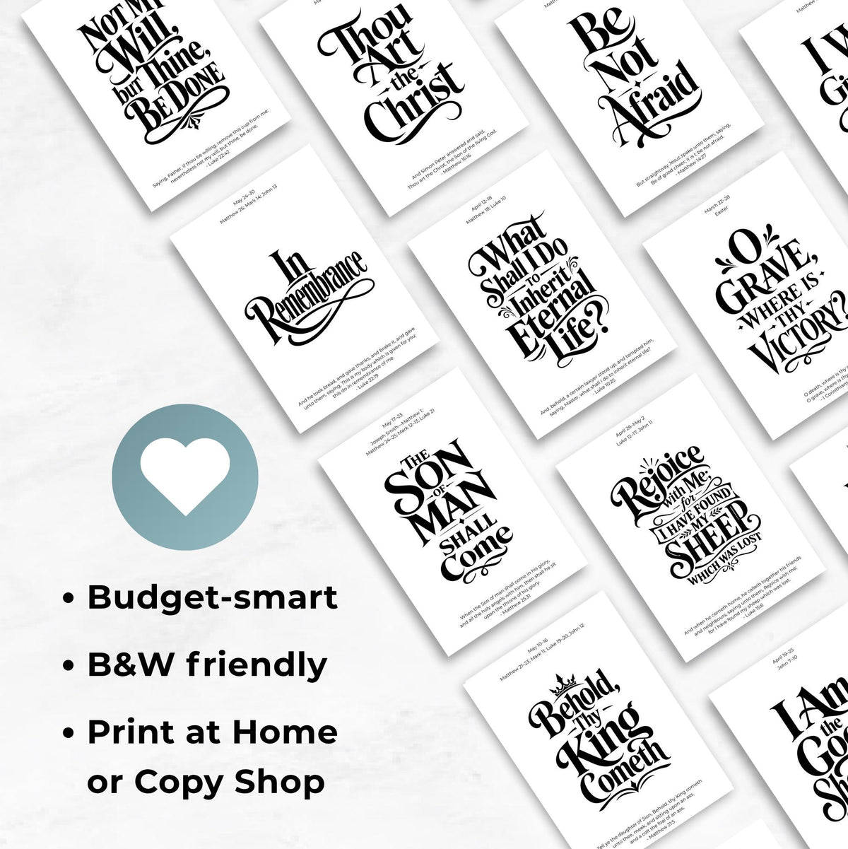 Multiple simple black and white LDS scripture poster designs spread across white paper, highlighting budget-friendly printing