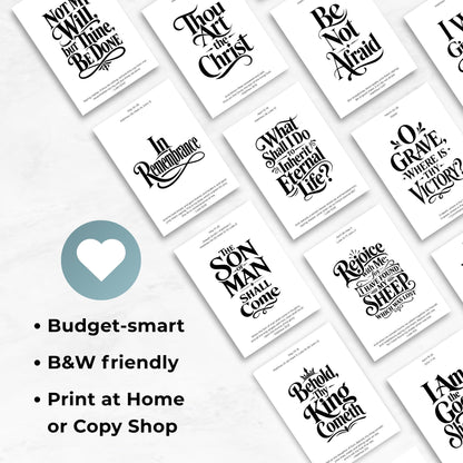 Multiple simple black and white LDS scripture poster designs spread across white paper, highlighting budget-friendly printing