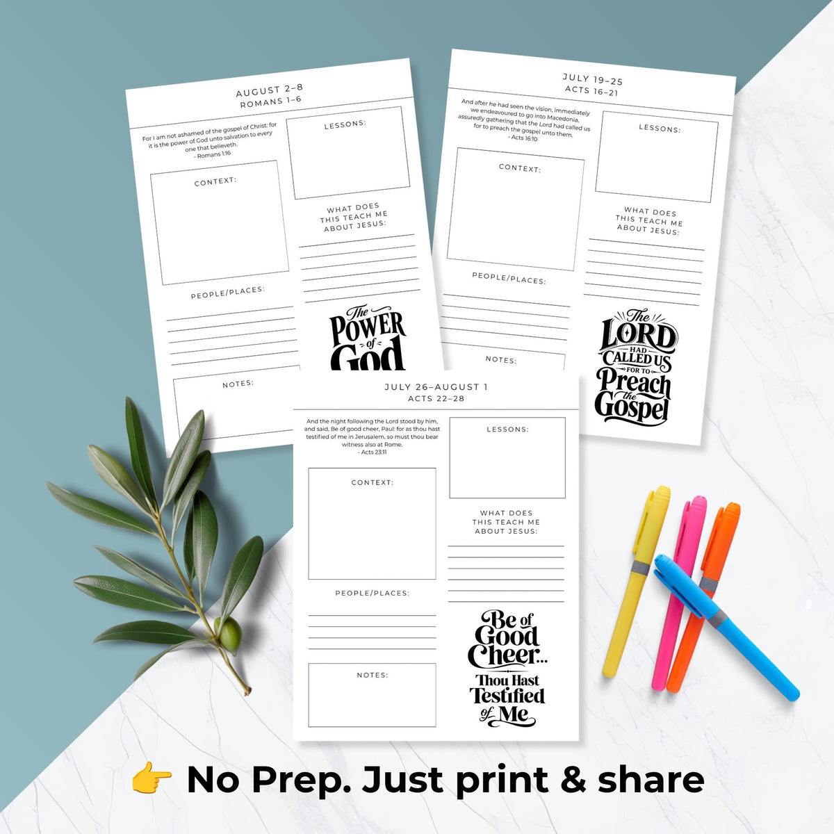 2027 New Testament scripture study worksheets for Acts, Romans and Corinthians with dated readings and notes
