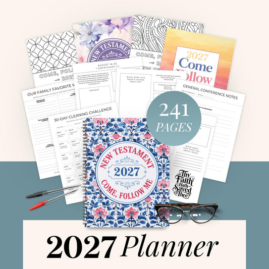 241-page 2027 Come Follow Me planner with a blue floral cover and weekly reflection pages
