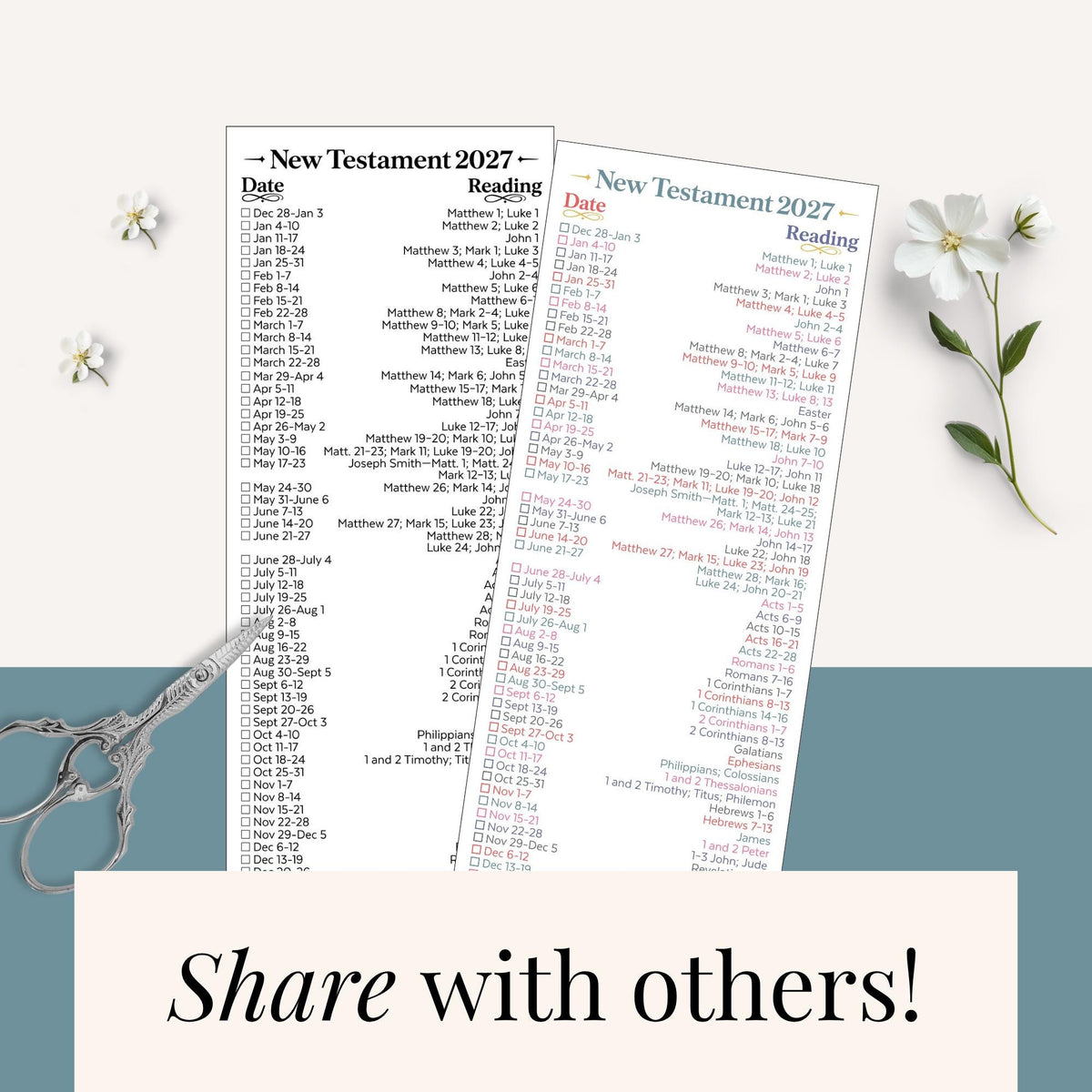 Two printable New Testament 2027 reading schedule bookmarks with weekly Come Follow Me lesson dates and scripture references