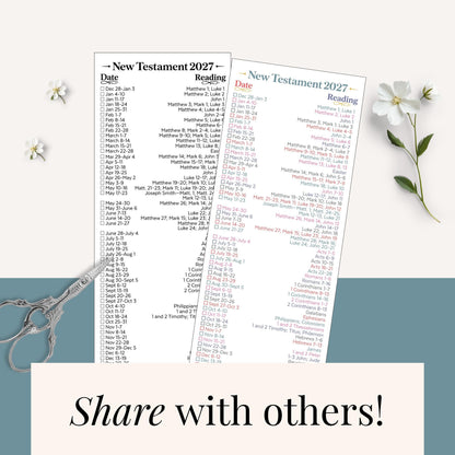 Two printable New Testament 2027 reading schedule bookmarks with weekly Come Follow Me lesson dates and scripture references