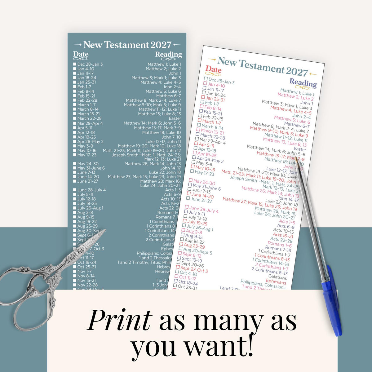 Teal and colorful 2027 Come Follow Me reading bookmark templates showing New Testament weekly Bible reading assignments