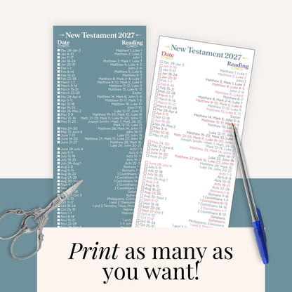 Teal and colorful 2027 Come Follow Me reading bookmark templates showing New Testament weekly Bible reading assignments