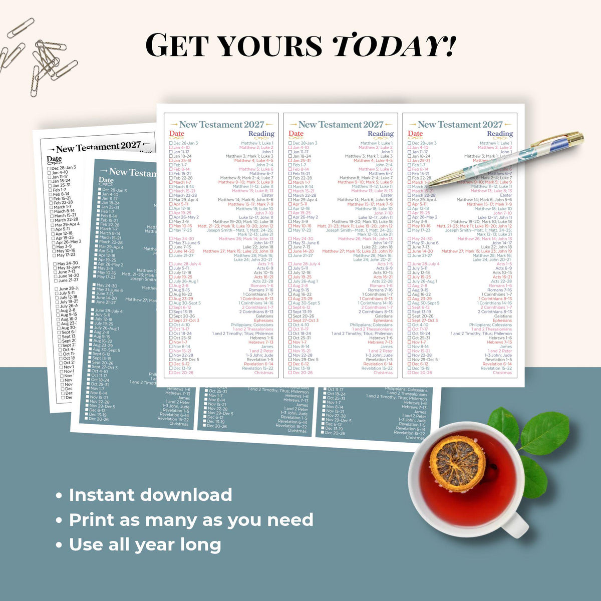 Three designs of the 2027 New Testament reading tracker bookmark with weekly scripture references and checkboxes