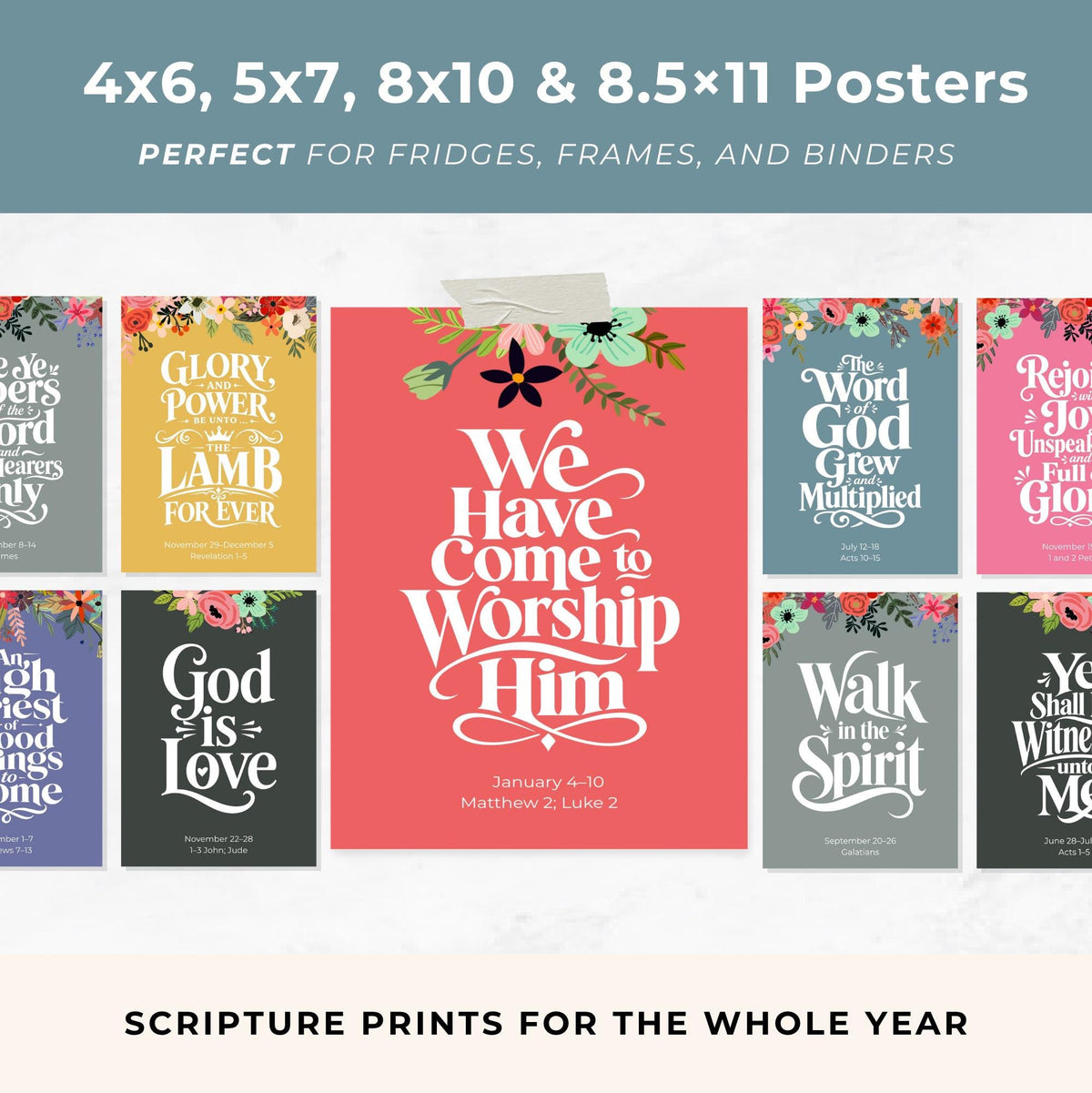 2027 Come Follow Me scripture posters shown in 4x6 5x7 8x10 and 8.5x11 sizes with colorful floral borders