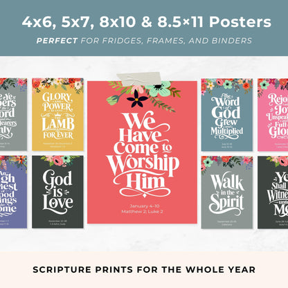 2027 Come Follow Me scripture posters shown in 4x6 5x7 8x10 and 8.5x11 sizes with colorful floral borders