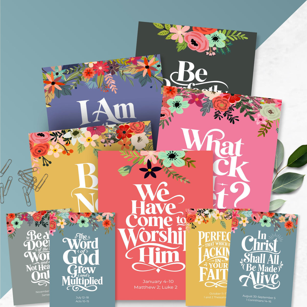 Close up collage of bright floral scripture prints featuring hand lettered New Testament quotes such as I Am