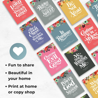 Several bright 2027 New Testament scripture quote prints displayed as colorful mini art cards with floral borders