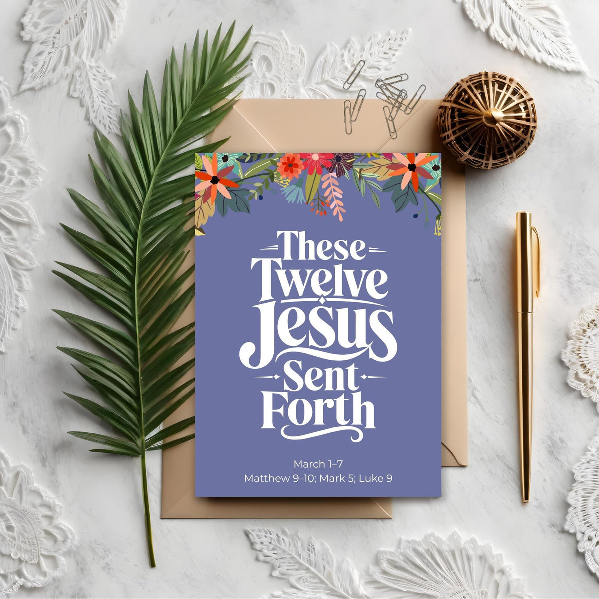 Framed navy scripture quote artwork reading These Twelve Jesus Sent Forth with white decorative lettering