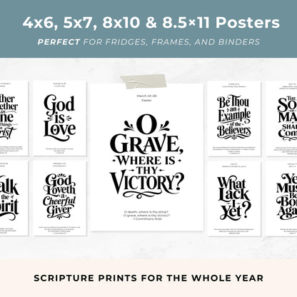 Comparison of four print sizes for the Come Follow Me Bible verse poster collection: 4x6, 5x7, 8x10 and 8.5x11 inches