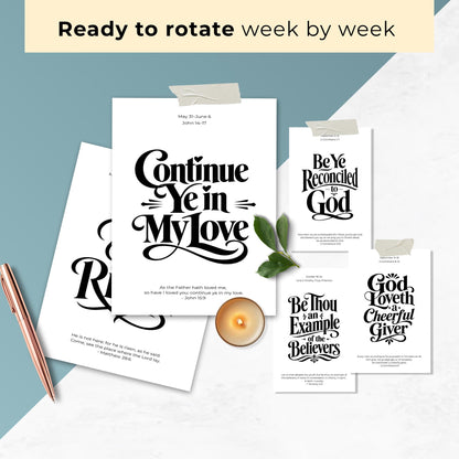 Black and white Christian scripture typography posters displayed together, including Continue Ye in My Love