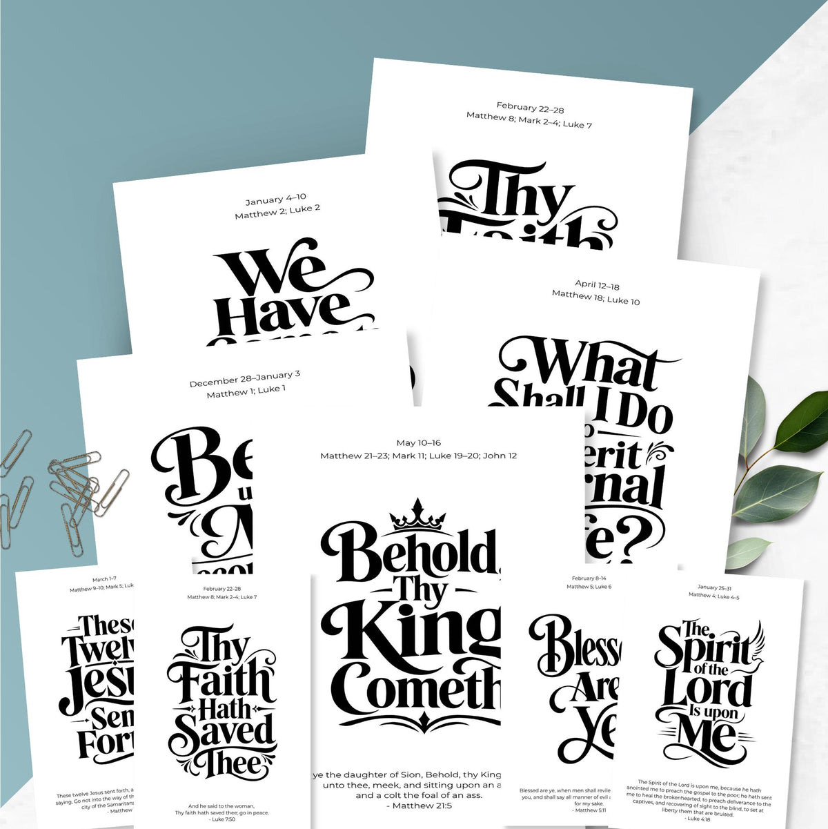 Assortment of minimalist black and white New Testament scripture posters with decorative hand-lettered phrases