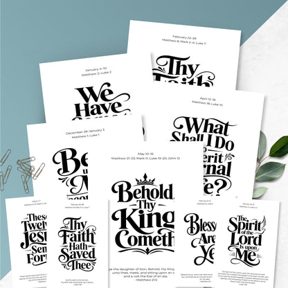 Assortment of minimalist black and white New Testament scripture posters with decorative hand-lettered phrases