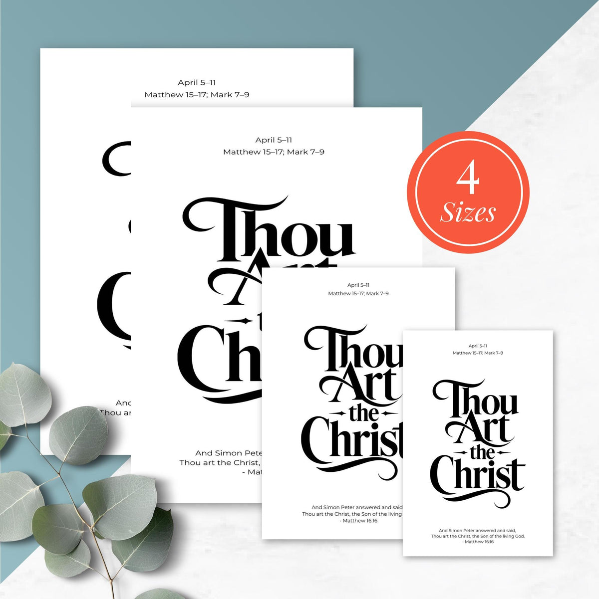 Four versions of a black and white Thou Art the Christ typography print shown in different sizes