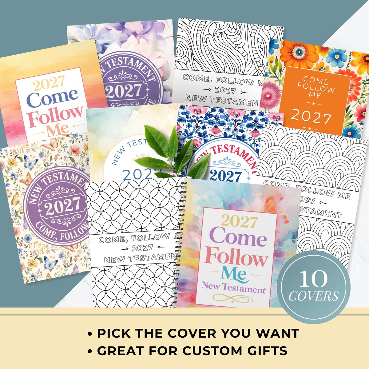 Ten printable New Testament 2027 planner cover designs featuring watercolor flowers, bright botanical patterns