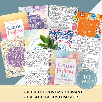 Ten printable New Testament 2027 planner cover designs featuring watercolor flowers, bright botanical patterns