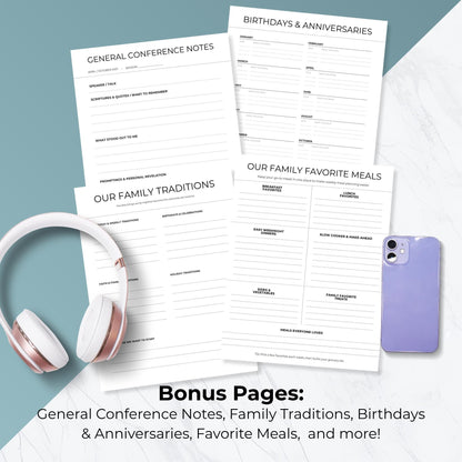 Bonus New Testament planner pages for General Conference notes, family traditions, birthdays, anniversaries